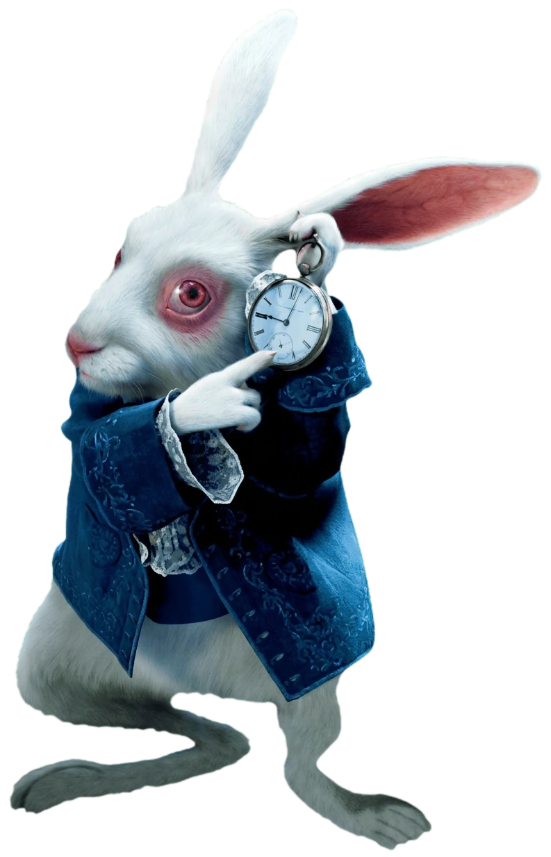 Conejo blanco señalando su reloj