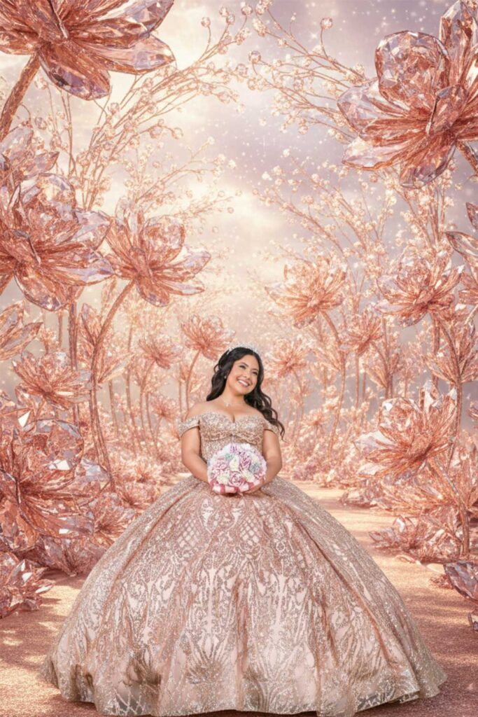 Elizabeth con su vestido de quinceañera